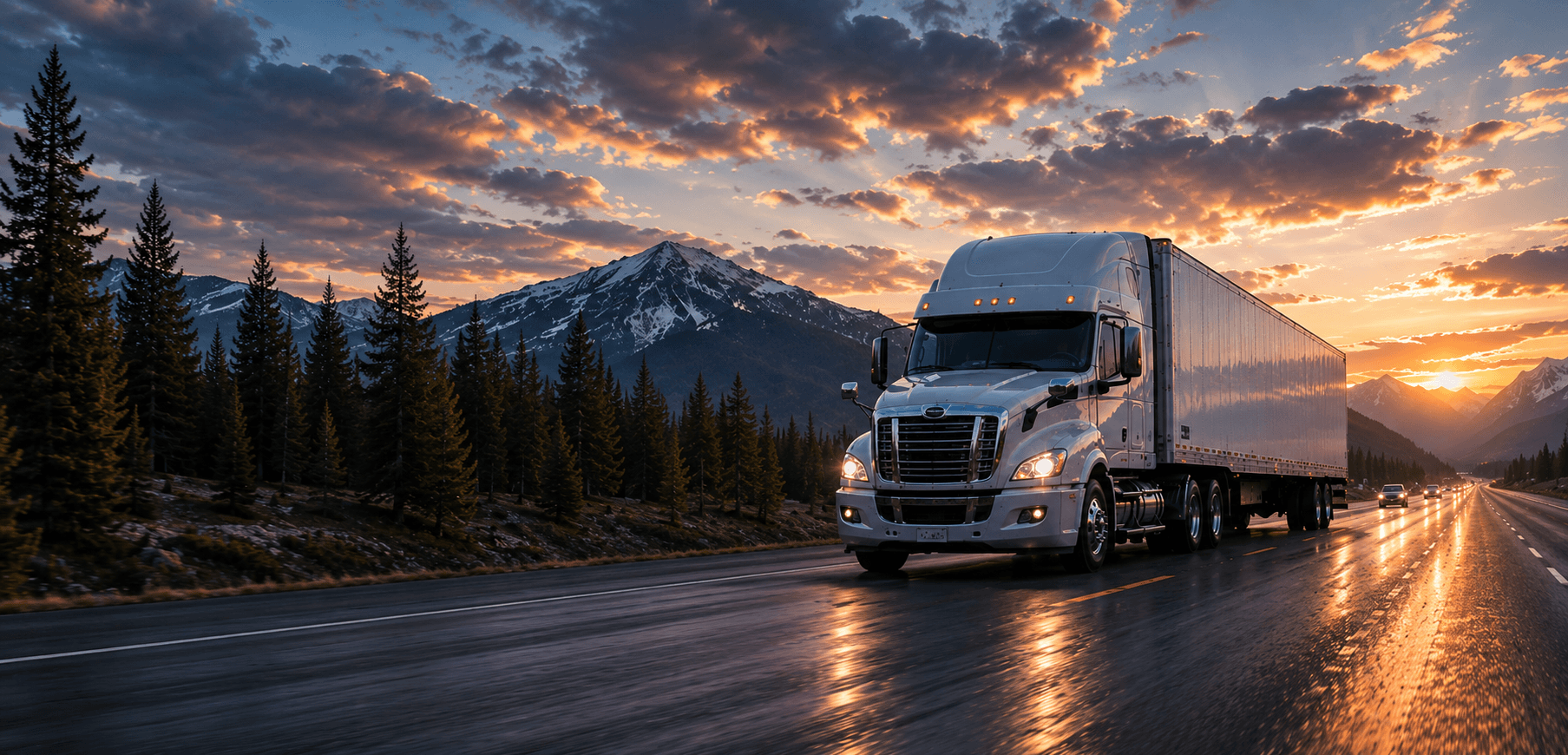 Commercial truck on a highway at sunrise, representing active fleet operations