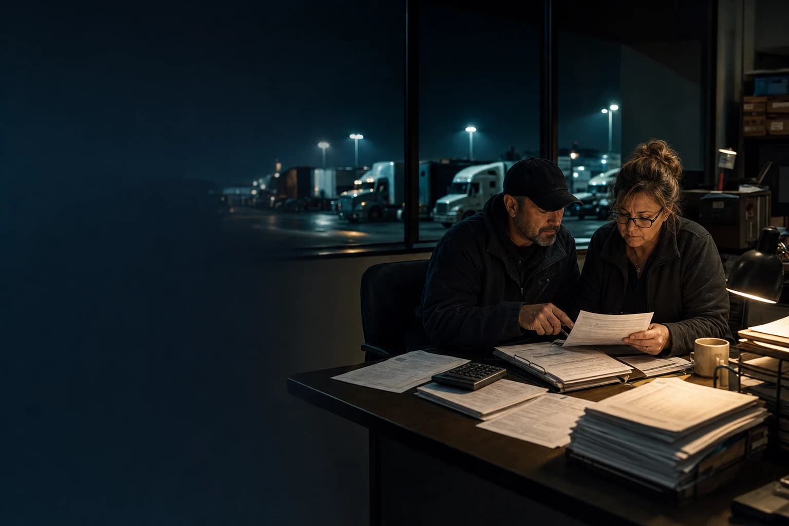Fleet accounting coordinator reviewing a settlement packet beside a freight yard