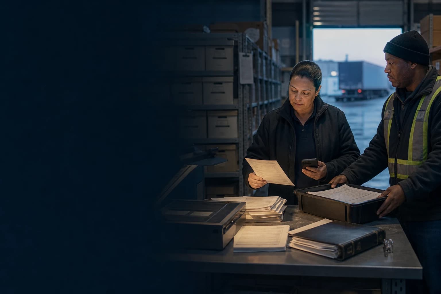 Records coordinator reconciling freight documents at a controlled intake table