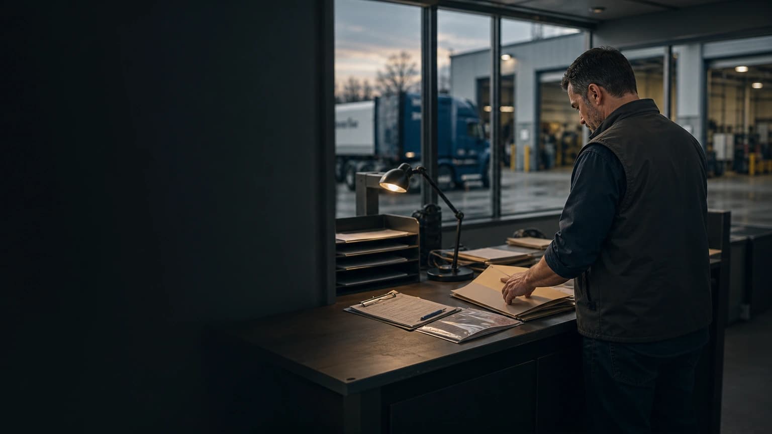 Operations manager organizing business-office records beside the service yard