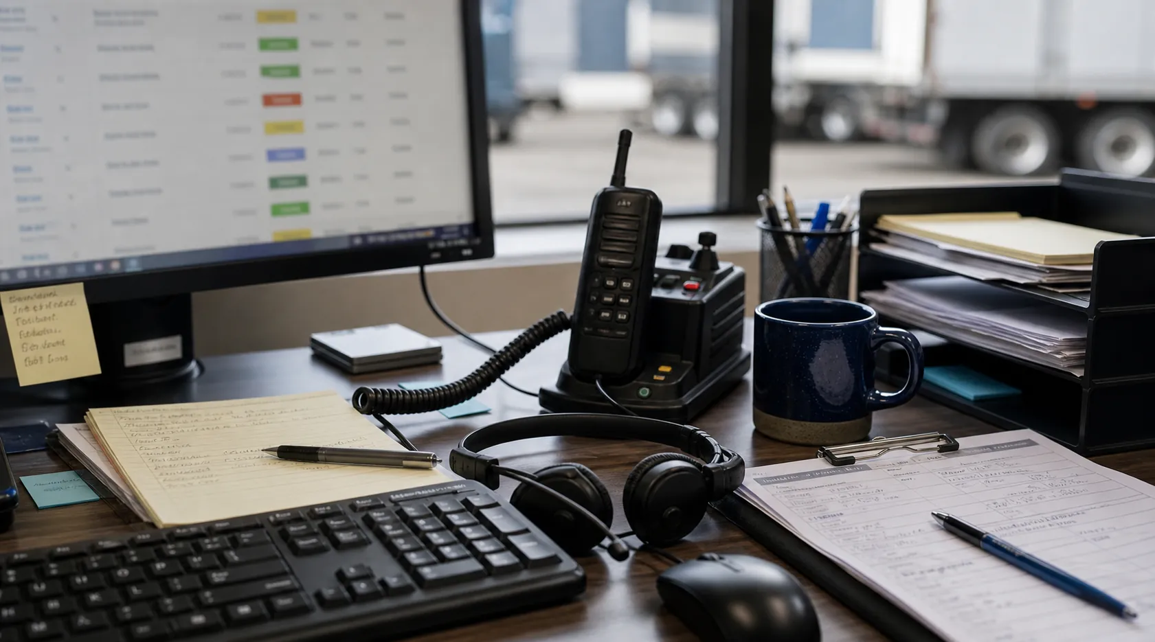 Fleet office desk prepared for records, dispatch coordination, and follow-up