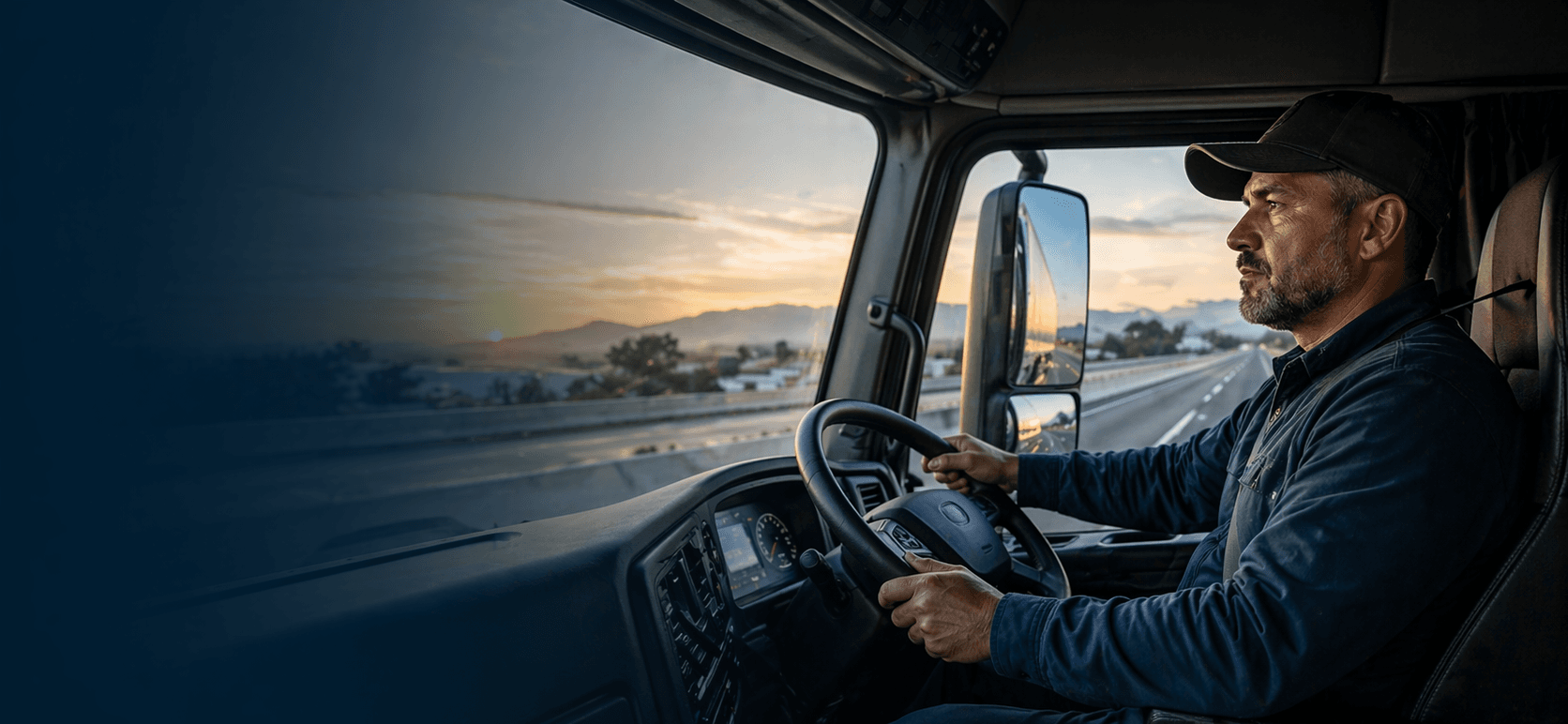 Professional truck driver operating on the road at sunrise