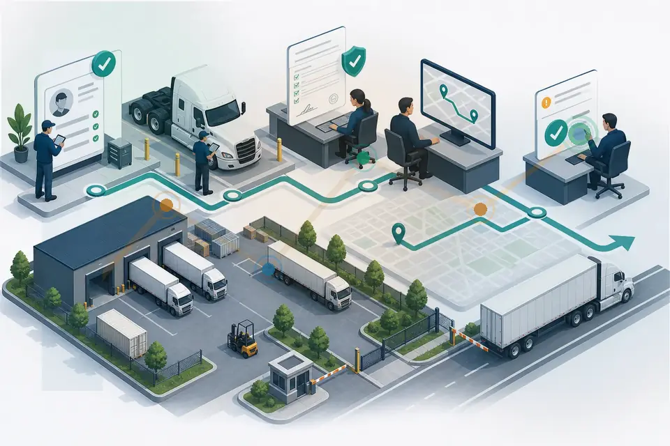 Isometric fleet terminal workflow showing a truck load moving from readiness through document review to release
