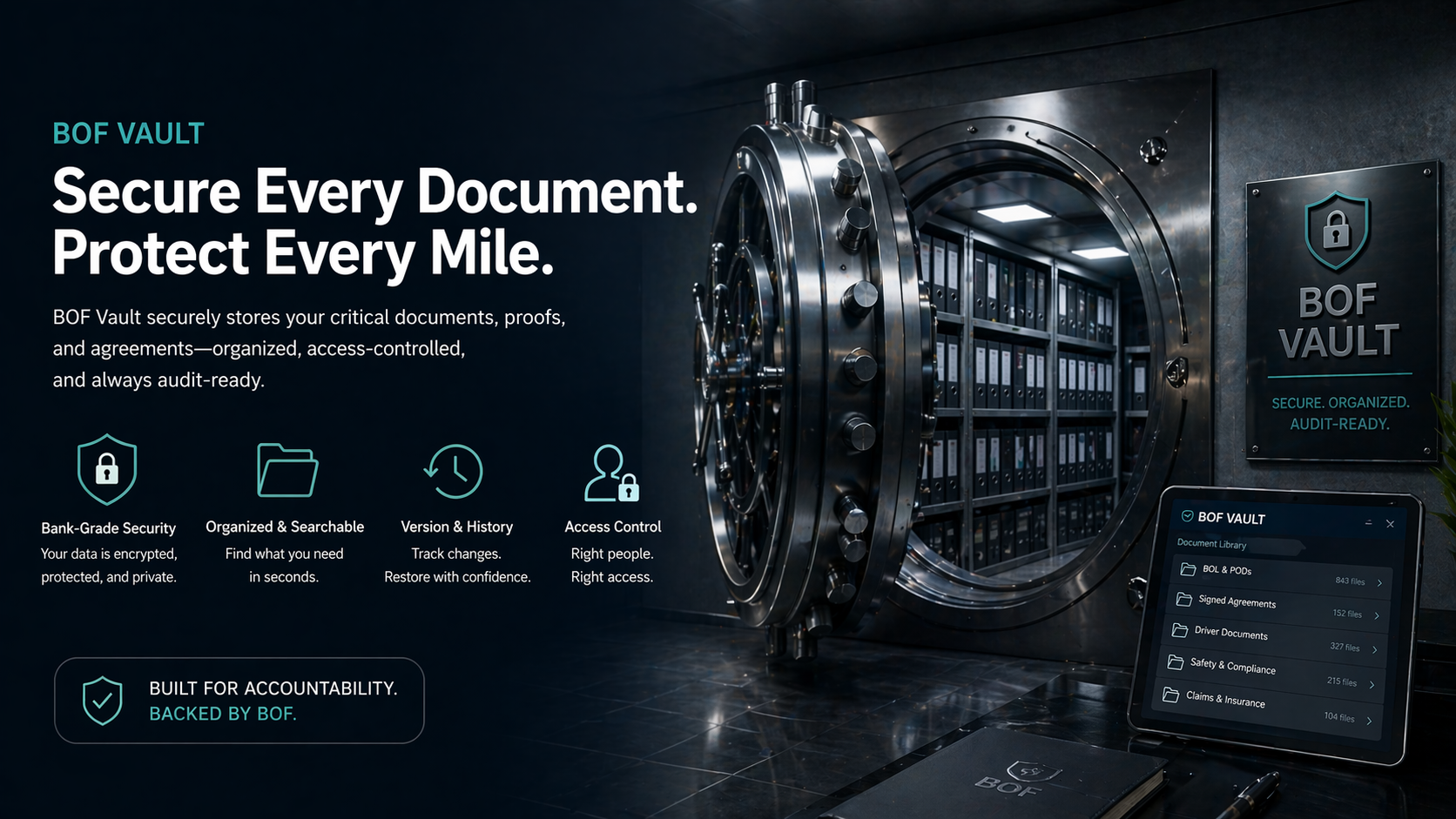 Driver-controlled BOF Vault document storage and readiness system