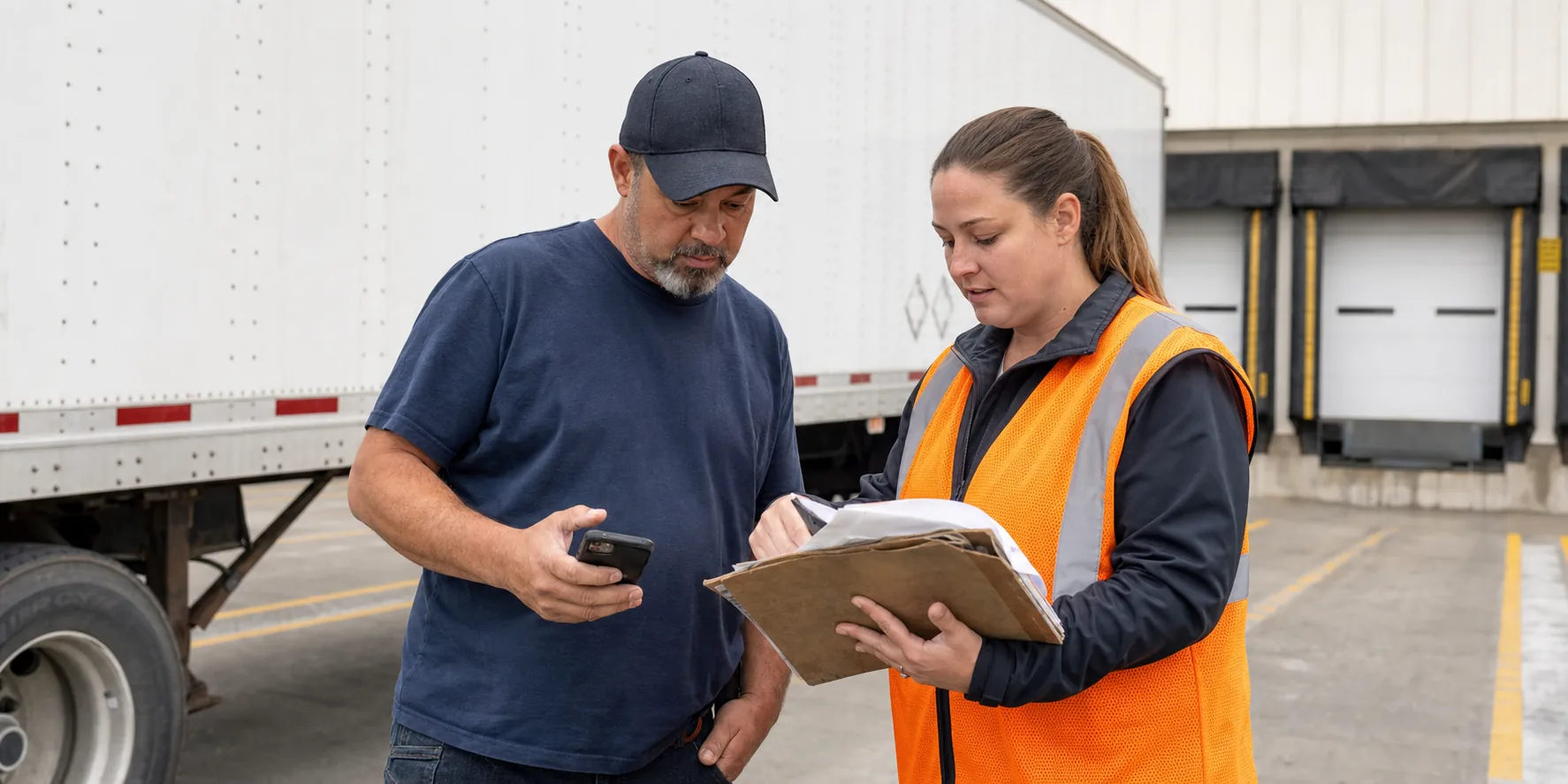 Driver and operations coordinator reviewing delivery paperwork at a loading dock