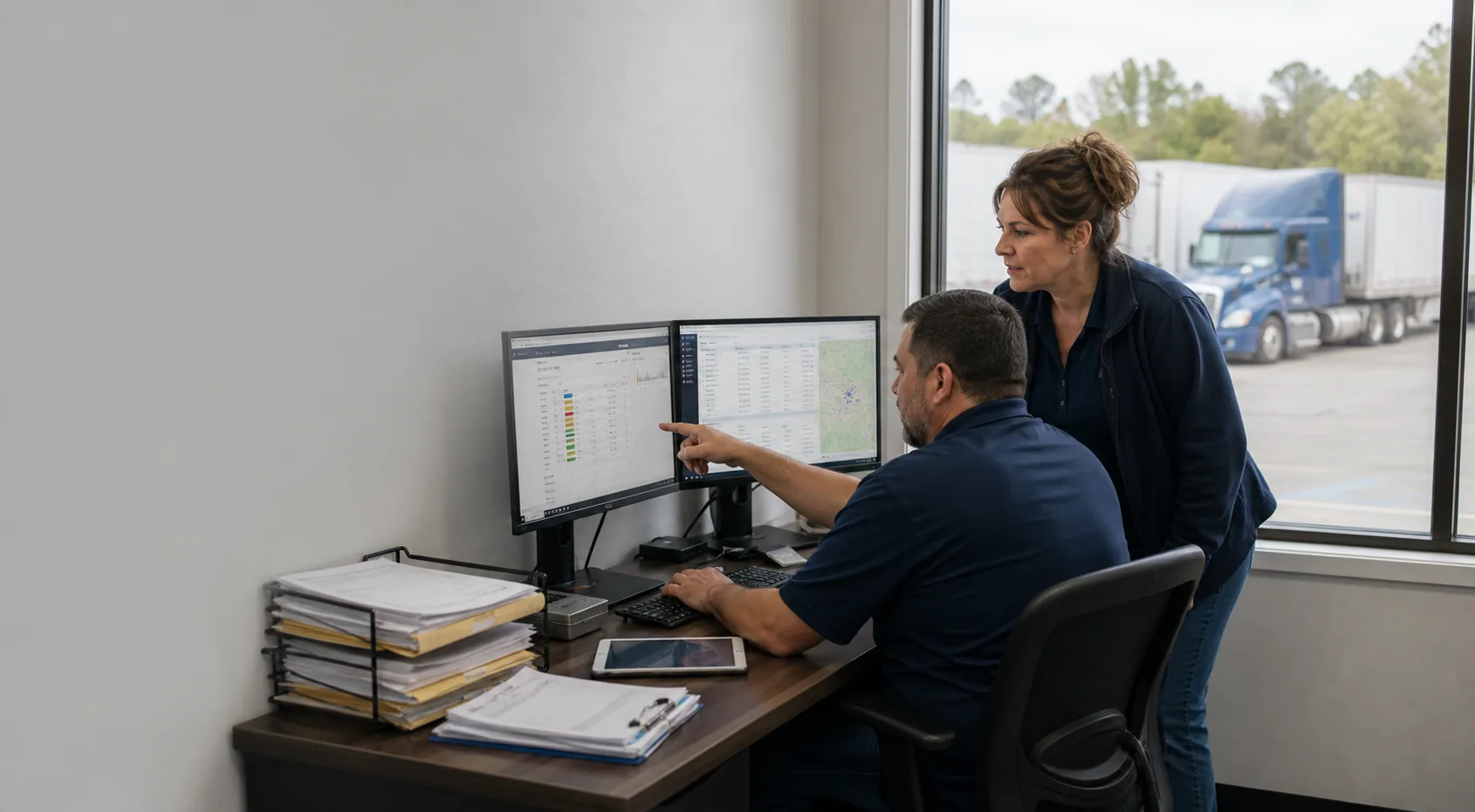Private fleet office team reviewing fleet records with trucks visible outside