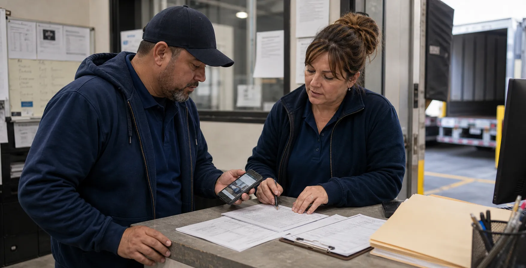 Driver and clerk reviewing post-trip proof paperwork