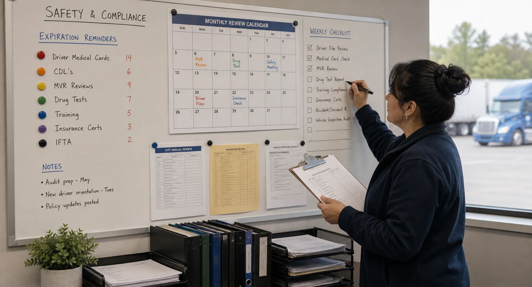 Safety compliance reminder board in a fleet office