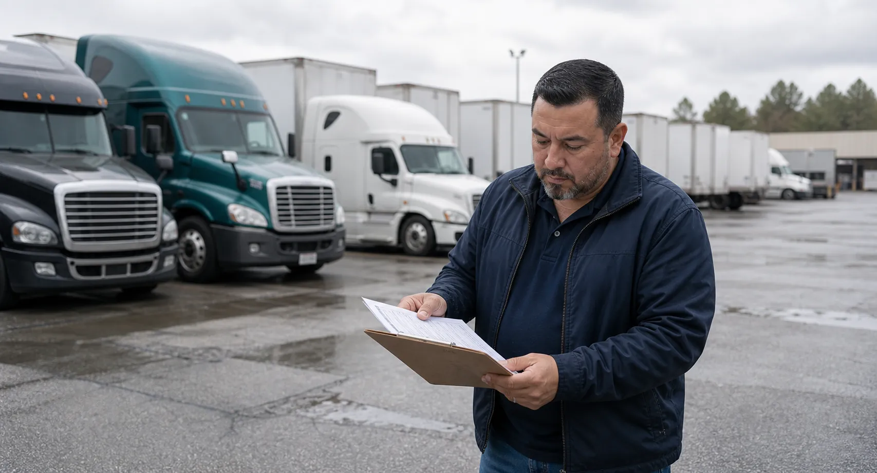 For-hire carrier route packet review with trucks in the yard