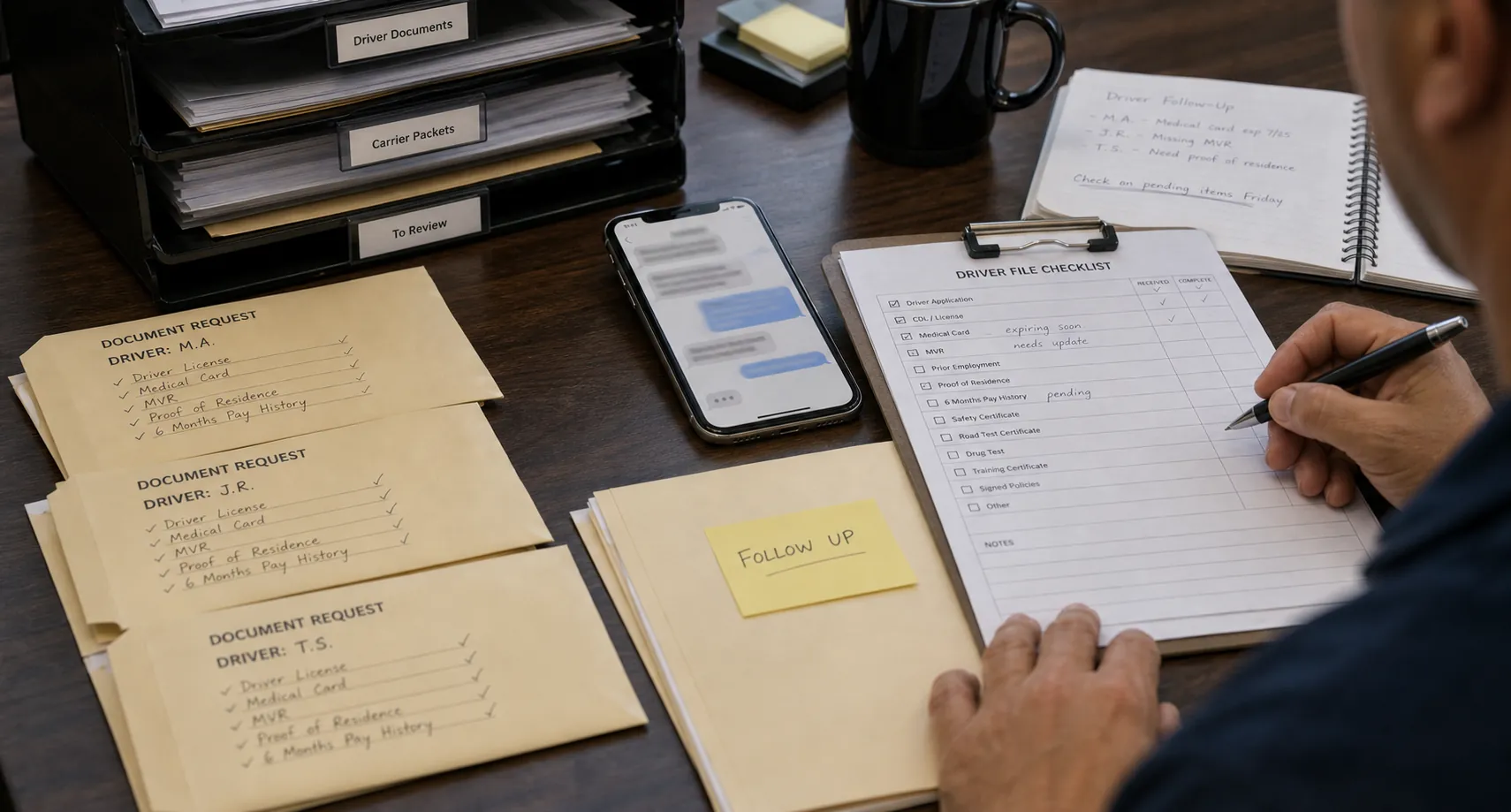 Document request workflow paperwork on an operations desk