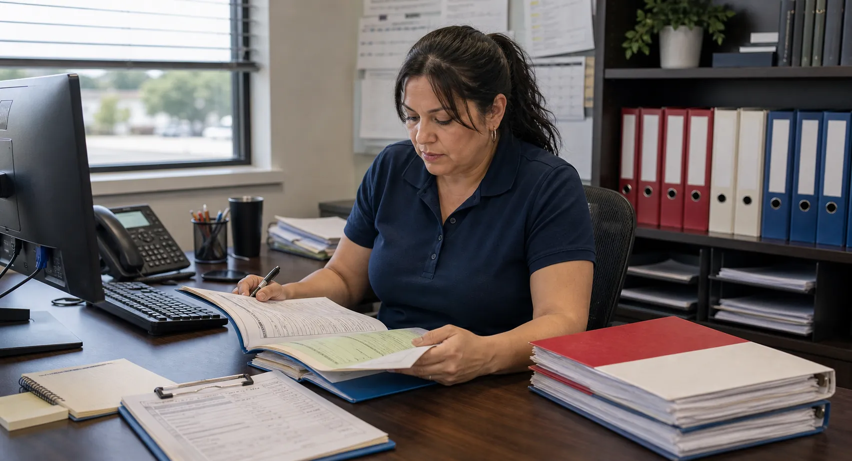 Audit-ready fleet document folders and contract records being reviewed in an office