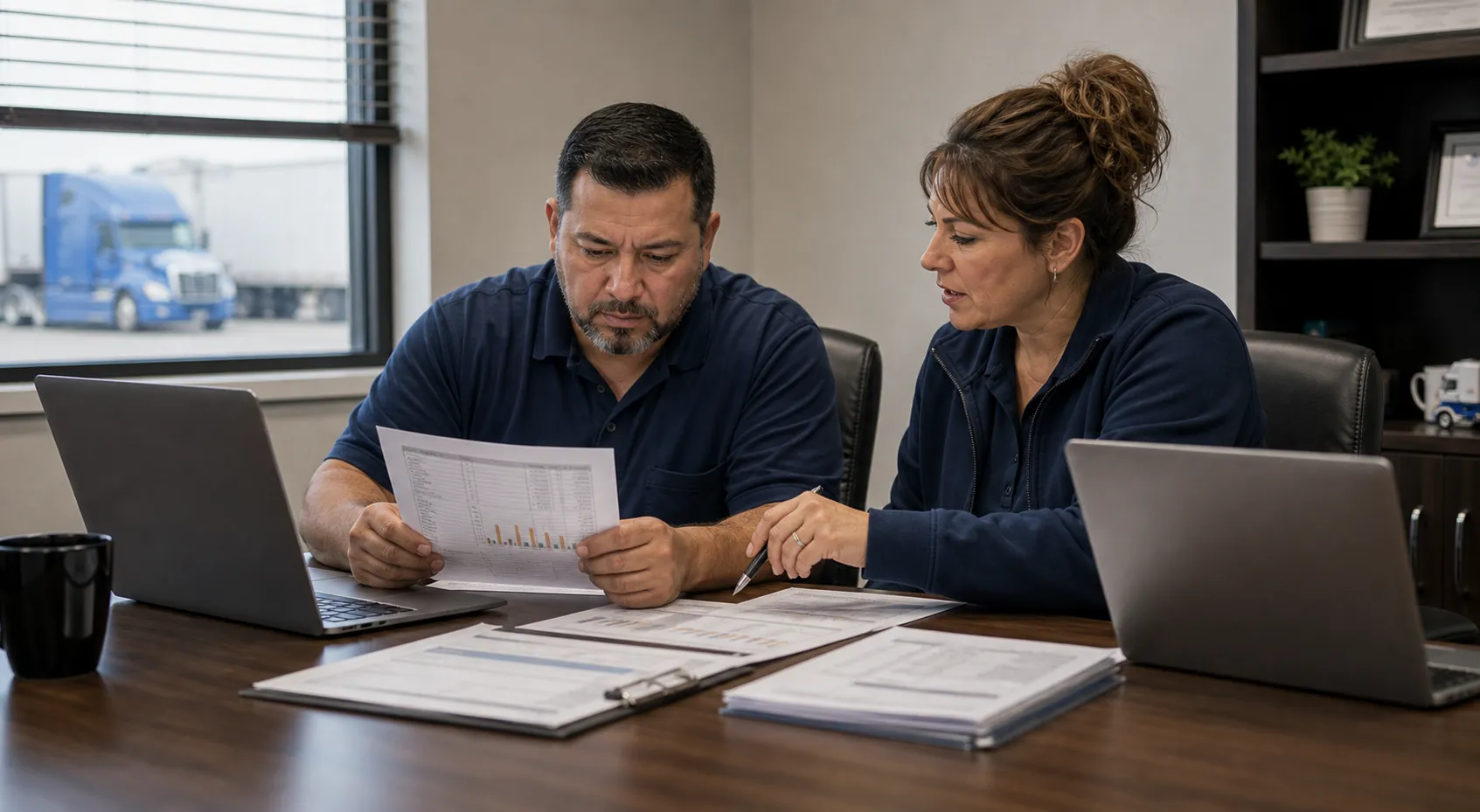 Fleet owner reviewing exception report and route paperwork