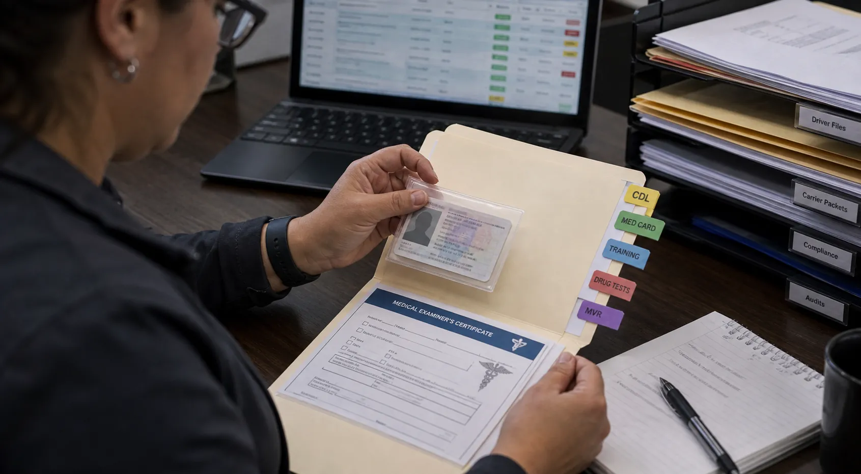Insurance packet review with certificate folders and paperwork