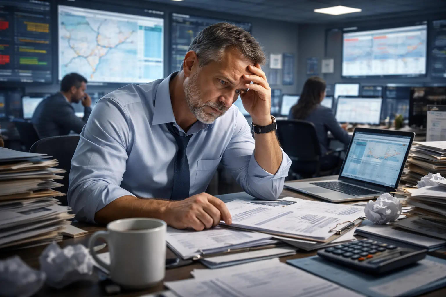 An overwhelmed trucking executive surrounded by paperwork and chaotic screens