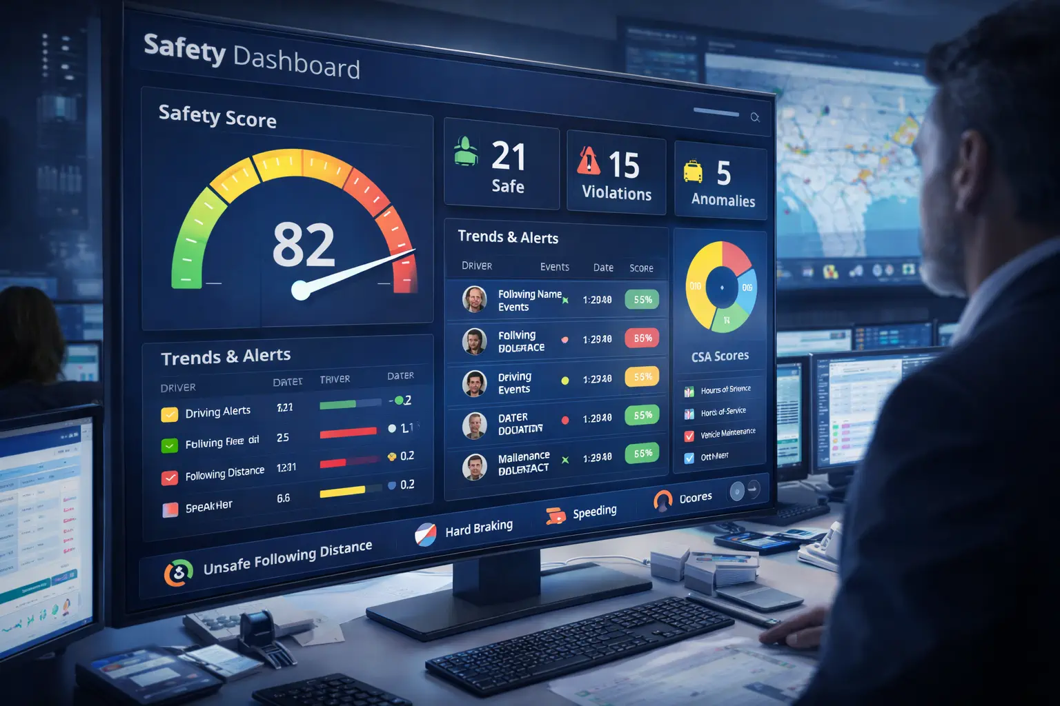 Safety dashboard showing driver scorecards and incident workflows across vendors