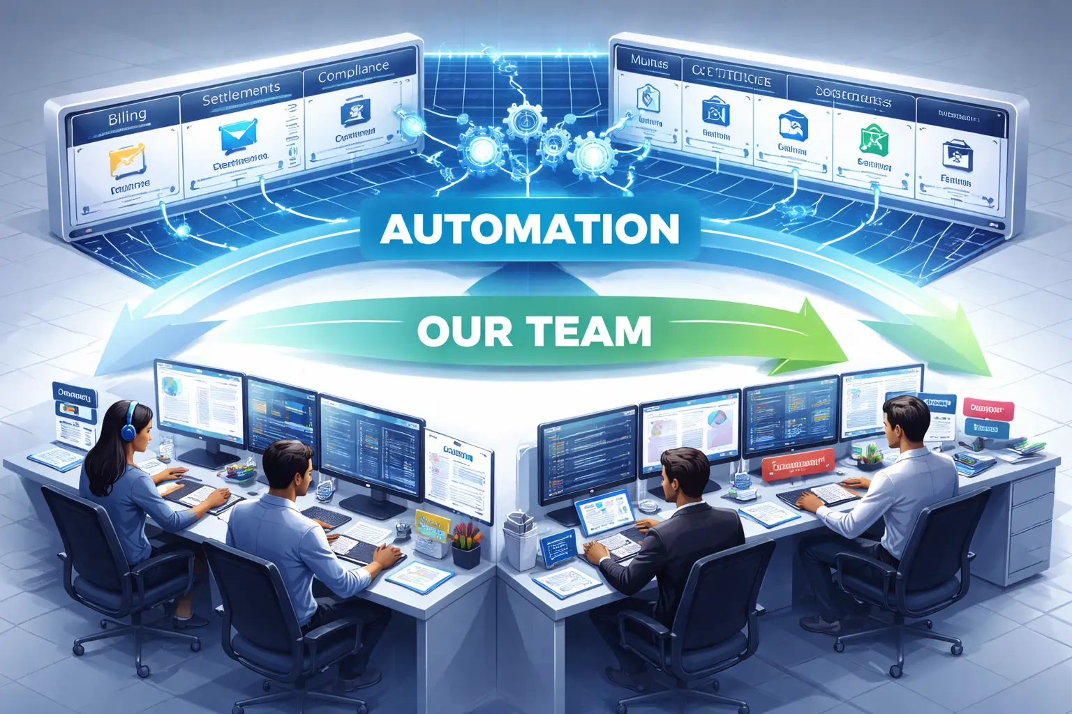 Automation workflows combined with human operators coordinating exceptions