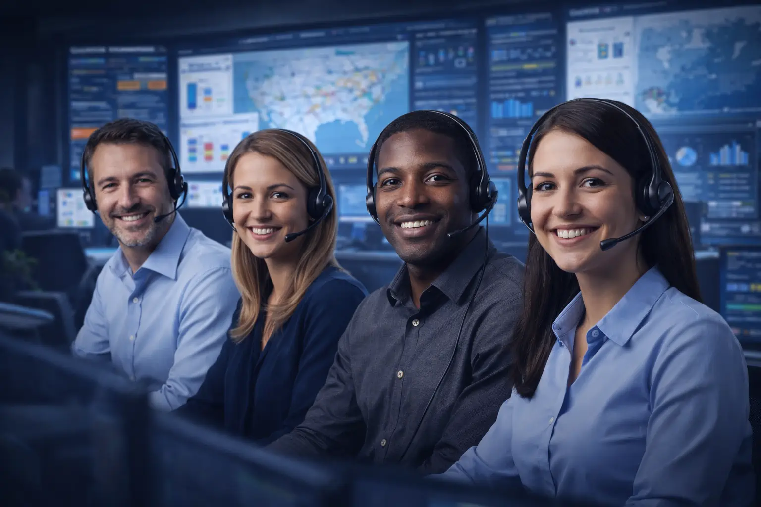 Professional operator team collaborating in a modern logistics office